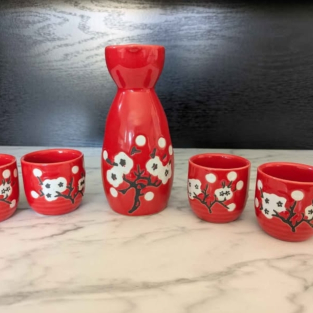 Red Floral Ceramic Sake Set